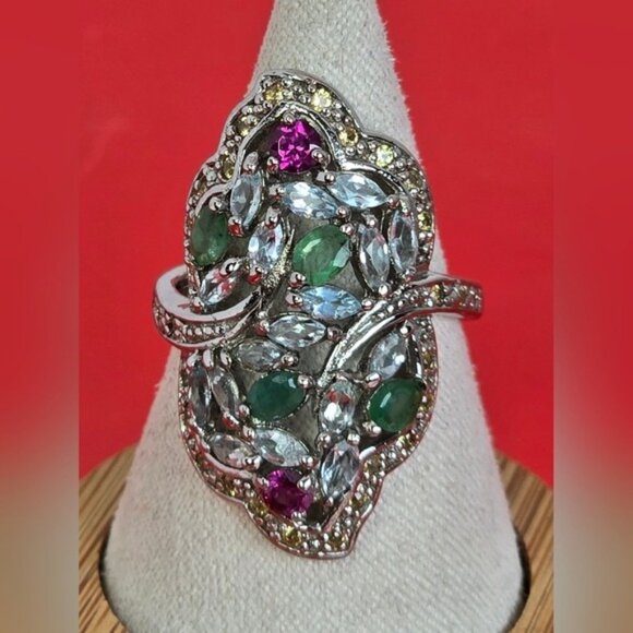 925 Sterling Silver Ring Sz 8 with Natural Emerald, Rhodolite, Sapphire, Topaz - Picture 6 of 9